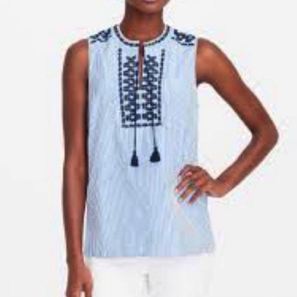 J. Crew Factory Size 6 White Blue Pinstripe Split Neck Tassel Tie Embroi… - Picture 1 of 6